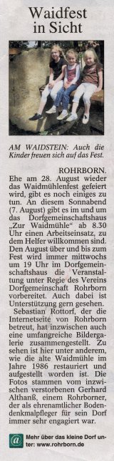 Rohrborn Zeitungsartikel Waidfest in Sicht Waidmühle Waidmühlenfest