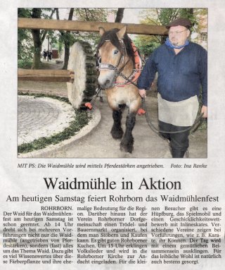 Rohrborn Zeitungsartikel Waidmühlenfest 2010 Waidmühle in Aktion