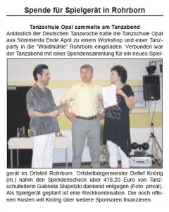 Rohrborn Zeitungsartikel Tanzschule Opal Spende für Spielgerät